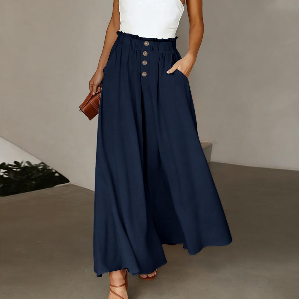 Linen Casual Wide Leg Pants For Women Elastic Waist Versatile Business Casual Work Palazzo Trousers With Pockets
