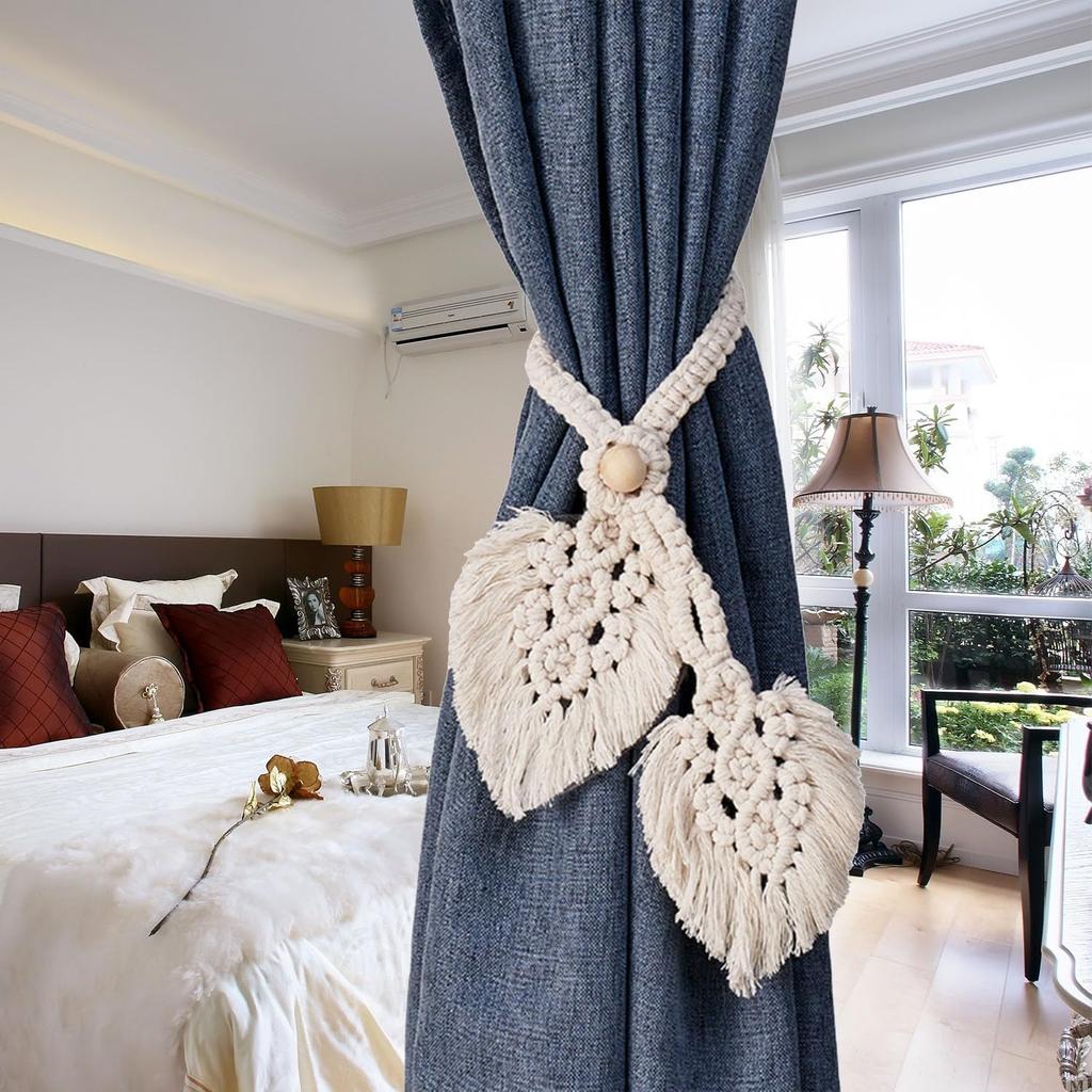2 Pcs Boho Curtain Tiebacks,Curtain Tie Backs,Hand Knitting Cotton Curtain Holdbacks with Adjustable Natural Wooden Bead,Double Leaves Farmhouse