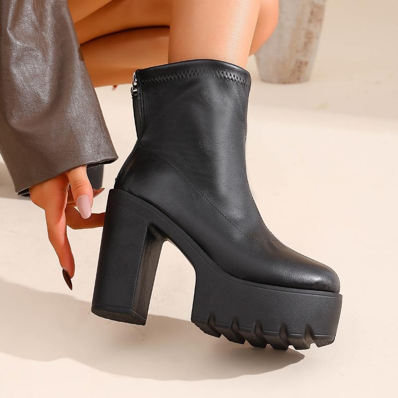 Women's Autumn-Winter Chunky-Heel Back-Zip Short Boots, Fashionable Footwear.