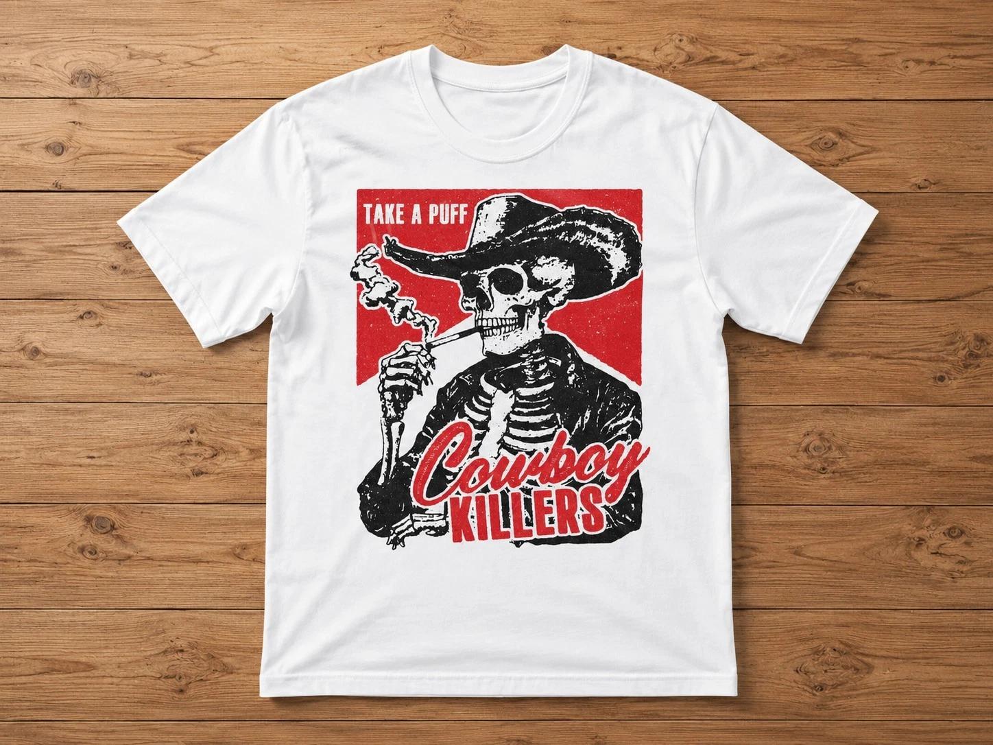 Gothic Skeleton Cowboy Shirt Outlaw Country Grunge Graphic Tee Red White Merch M
