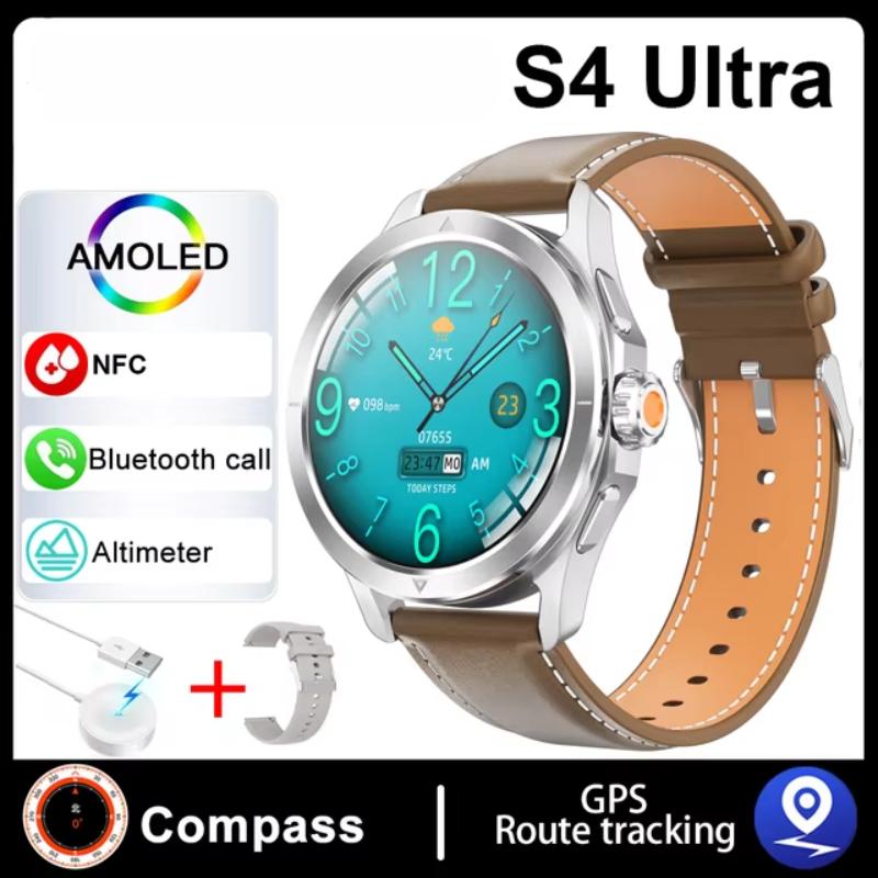 

2025 НОВИЙ S4 Ultra Смарт-браслет Чоловічий годинник AMOLED HD Екран Bluetooth Дзвінок GPS Траєкторія NFC Пульс Компас Смарт-годинники Leather срібний