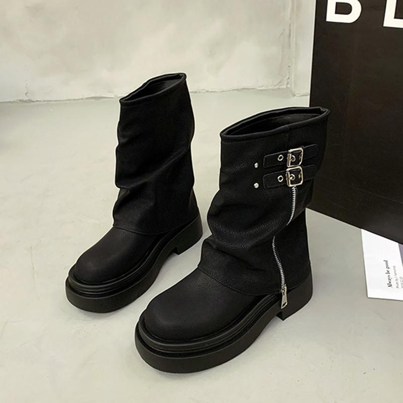Fashion Thick Bottom Platform Boots Women 2024 New Pantyhose Cowboy Boots Zip Belt Buckle Design Boots for Women PU Leather Ankle Boots