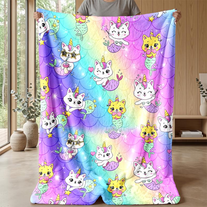 Rainbow Mermaid Cat Pattern Theme Blanket Lightweight Warm Flannel Blanket Decorative Throw Blanket for Home Decoration