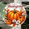 2D Flat, 1pc Round Waterproof Aluminum Hanging Sign, Happy Thanksgiving Orange Pumpkin Daisy Maple Leaf Print, Rustic Farmhouse Metal Plaque