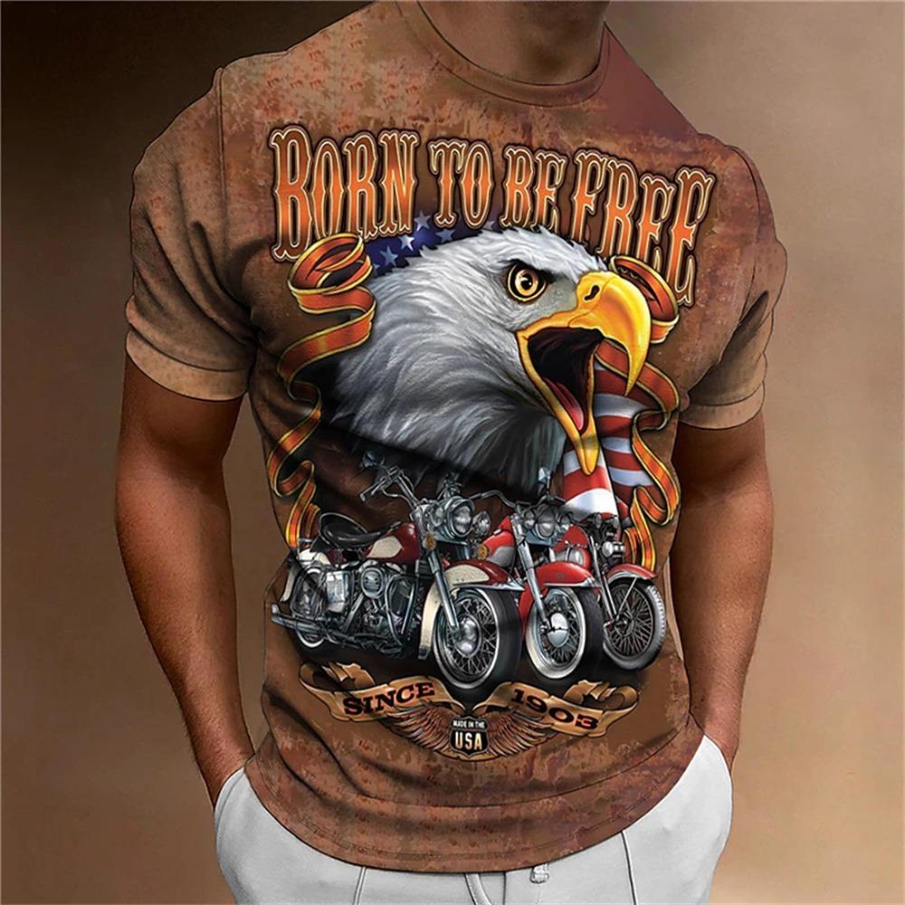 Men's Animal Pattern T-Shirt, Eagle, Motorcycle, 3D Print, Vintage Trendy Loose Large Size Casual Street Short Sleeve Top