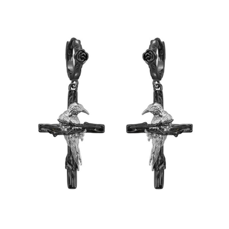 

Punk Style Crow Crosses Drop Earrings Dark Gothic Ear Studs Jewelry for Women Unique Design Alloy Material