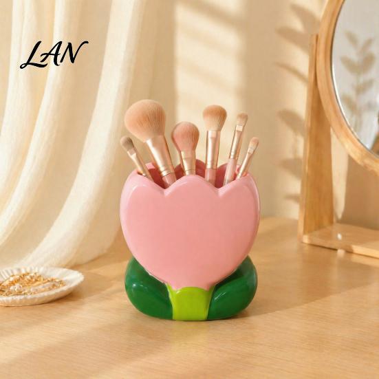 Desktop Storage for Eyebrow Pencils Tulip Makeup Brush Holder, Resin Cosmetic Organizer Vanity Desk, Cute Flower Pen Decorative Bud Container