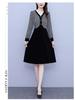 Women's Houndstooth Velvet Patchwork High Waist Midi Dress