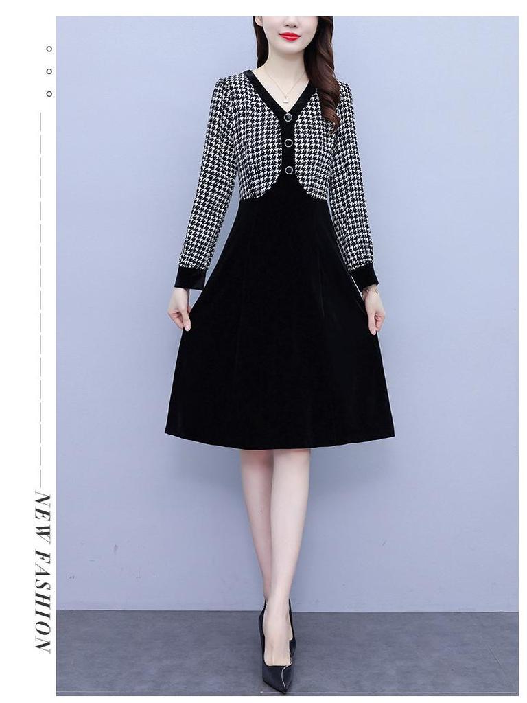 Women's Houndstooth Velvet Patchwork High Waist Midi Dress