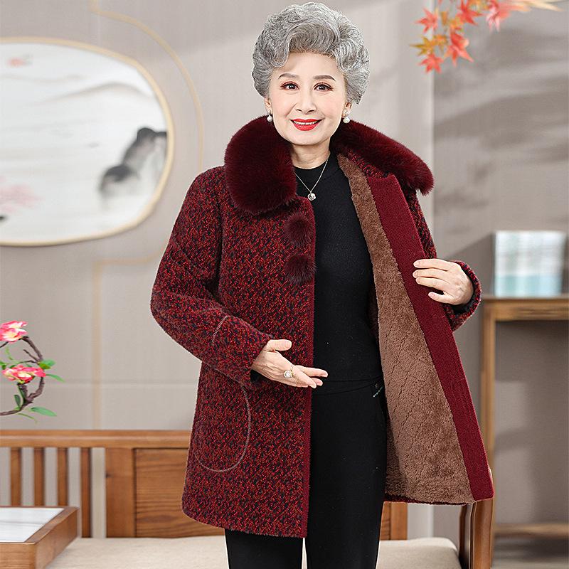 Elderly Women's Mid-Length Winter Coats: Cotton Padded, Fleece-Lined Outerwear