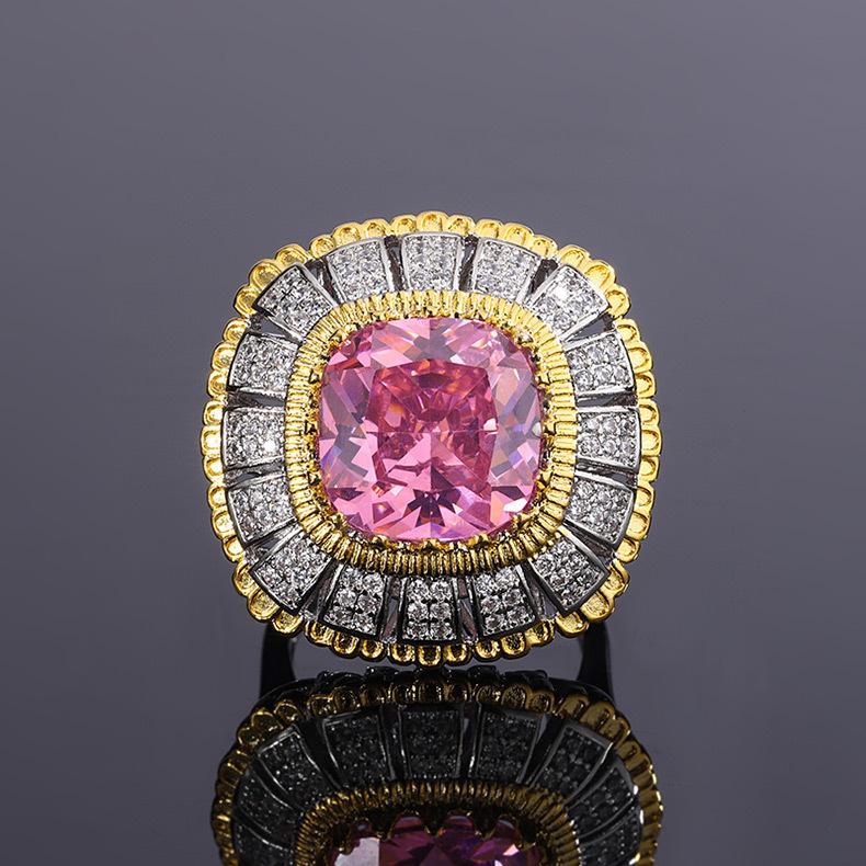 

Великий каратний квадратний цирконієвий відкритий перстень, повністю інкрустований діамантами, перстень з рожевим цирконом, модний кольоровий скарб, перстень з цирконом.