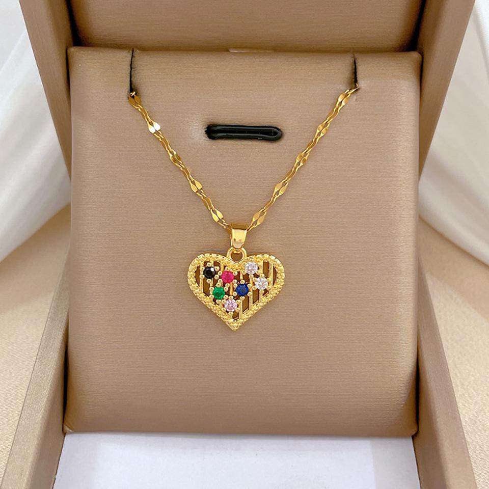 Trendy Heart Stainless Steel Zirconia Necklaces For Women Girls Love Gold Color Metal Necklace Party Birthday Daily Jewelry