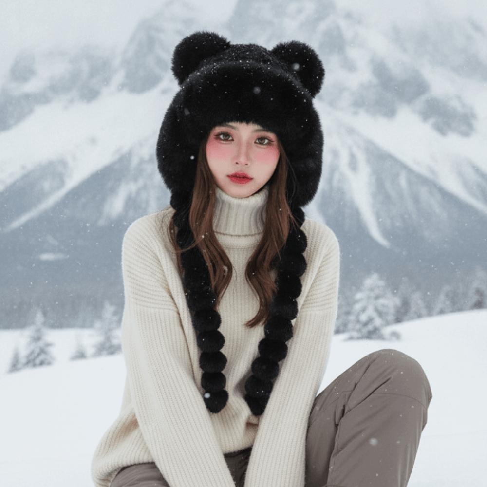 Fleece Lined Fleece Knit Beanie Fur Brim Earflap Winter Cap Pompom Braids Hat  Skiing