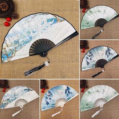 1PC Crafts Cloth Pocket Bamboo Handle Ornament Hand Held Fan Folding Fan Decorative Home Decor