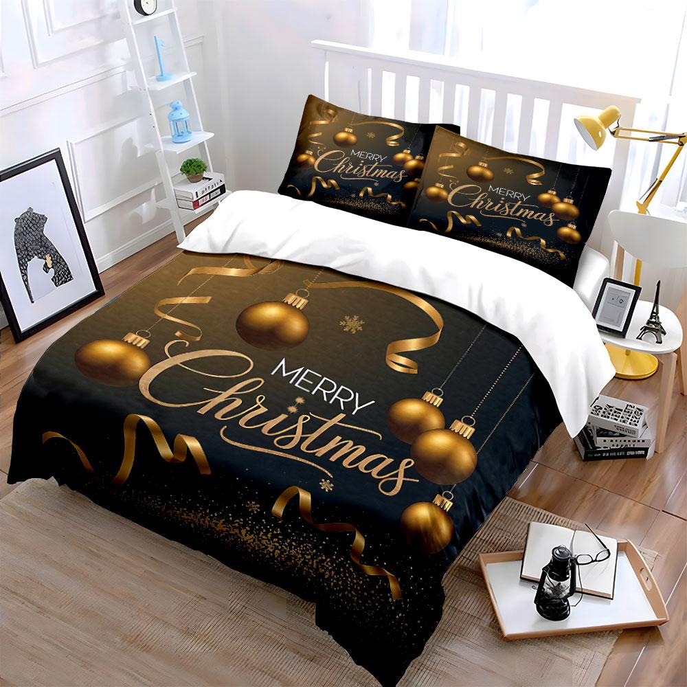 Golden Merry Christmas Decor Bedding Duvet Cover Set Duvet Cover Pillowcases  (1*Duvet Cover 2*Pillowcases, without duvet insert)
