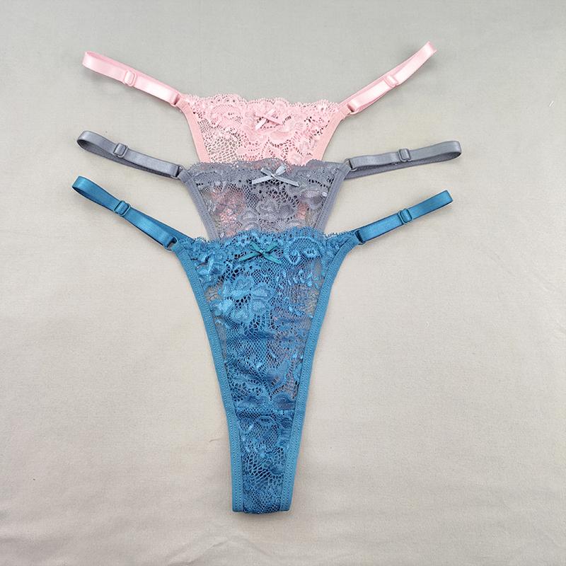 3Pcs Women's Lace Hollow Out Thongs Sheer G-Strings Sexy Ultra-low Rise Seamless Panties Perspective Bow Knickers