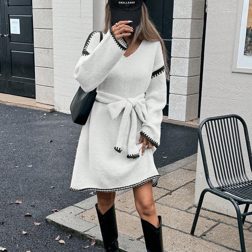 Women Slouchy Fashion Tie Waist Dress Loose Knit V-neck Long Sleeve Fall Mid-length Comfortable Breathable Dresses White Dress