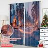 2pcs 2D flat printing Christmas Curtains Charming Snow Village Durable 100% Polyester Fabric Without Electricity Versatile Use