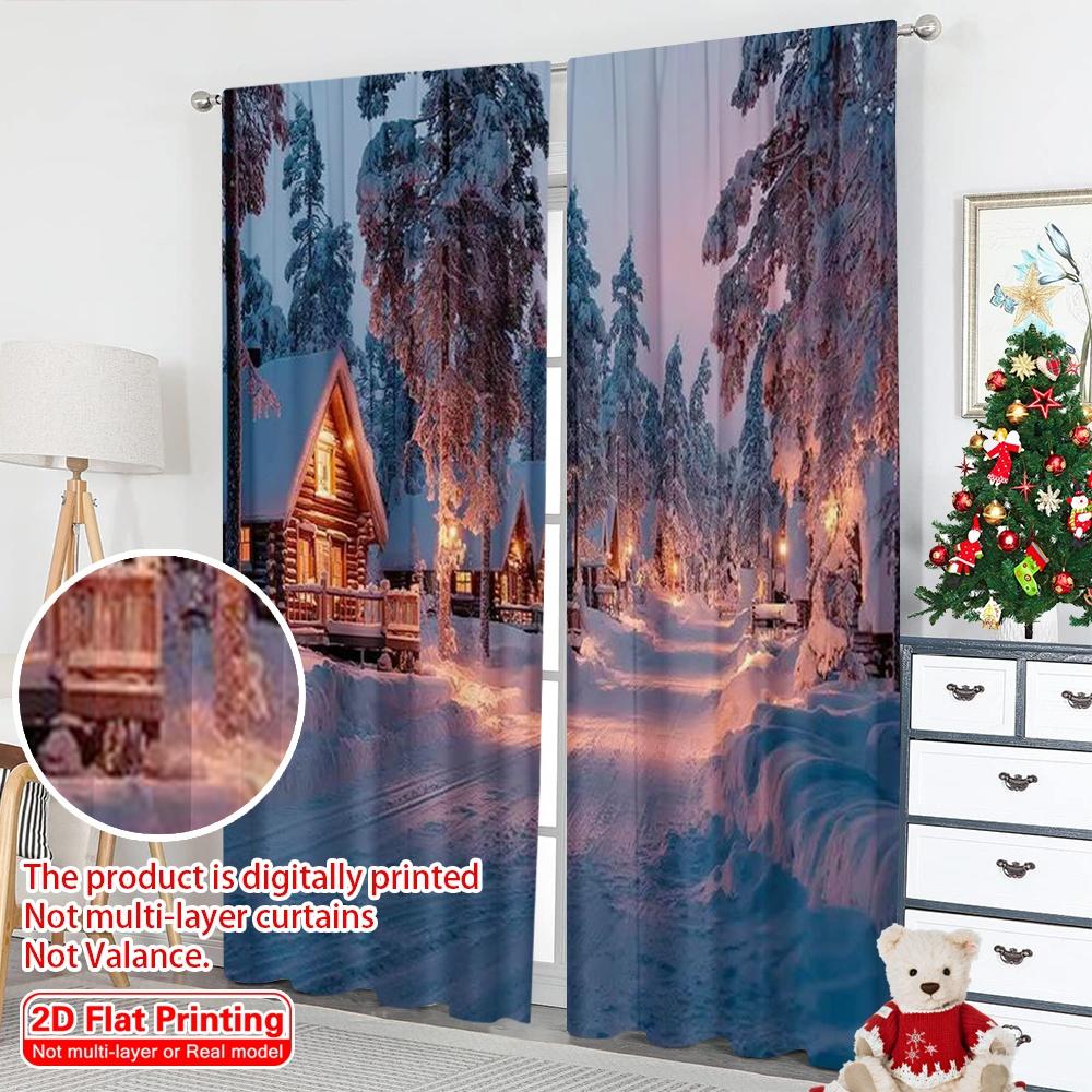 2pcs 2D flat printing Christmas Curtains Charming Snow Village Durable 100% Polyester Fabric Without Electricity Versatile Use