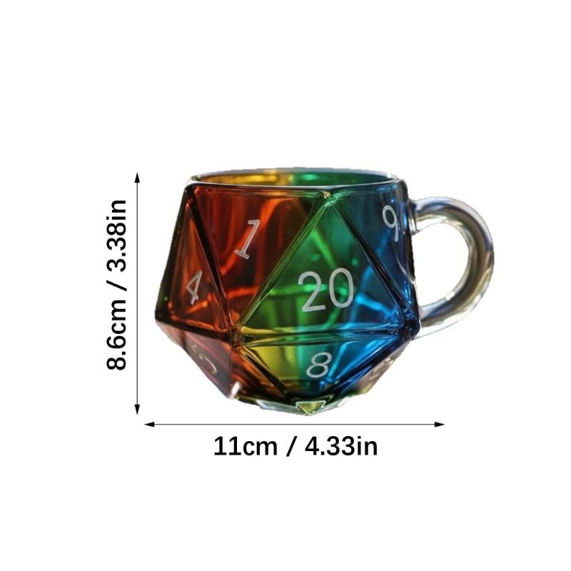 Rainbow D20 Dices Design Glass Cup Geometric Multicolored Heat Resistant For Hot Beverages Ergonomic Handle Gaming Enthusiasts