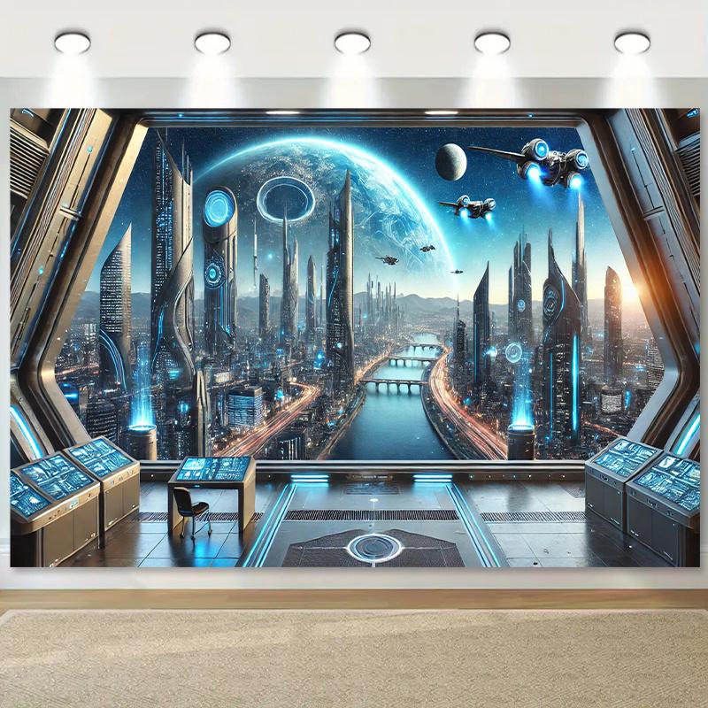 Futuristic Space Cityscape Wall Tapestry For Innovative Home Decor, Featuring A Stunning View Of A High-Tech Metropolis
