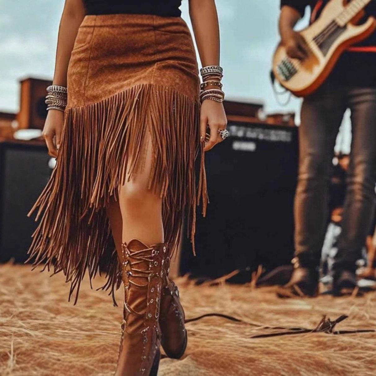 

Ladies Tassel Midi Skirt with Autumn Design Sense, Spicy Girl High Waist Imitation Deer Fur Tassel for Slimming and Anti Glare A-line Skirt S темно-коричневого кольору