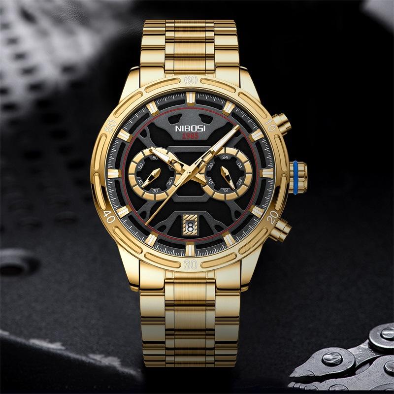 Fashion New 2537 Fashion Business Men'S Watch, Butterfly Double Snap Buckle Steel Belt Waterproof Luminous Quartz Watch