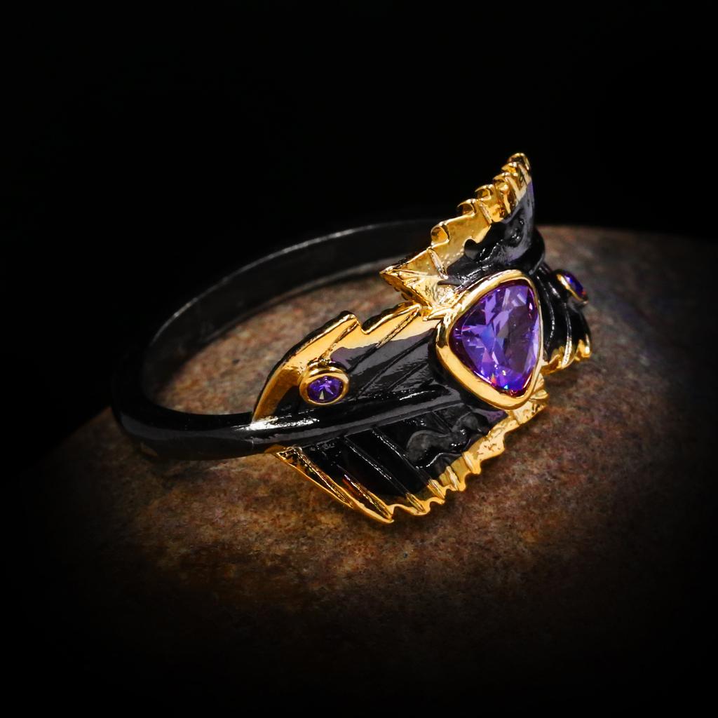 Vintage 925 Silver Ring Two Leaves Clip Love Purple Zircon Black Gold Ring Female Wedding Party Anniversary Jewelry Gift