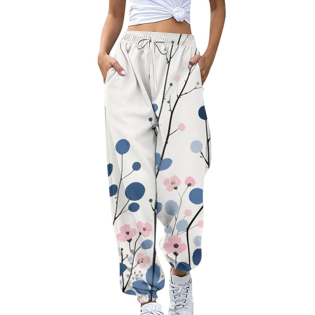 Women's Sports Pants With Pockets Fashion Floral Print Elastic Waist Pants Casual Sweatpants Pants