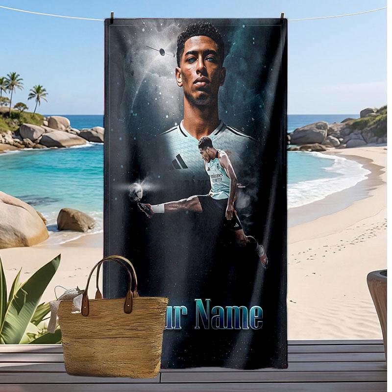 Asciugamano da Spiaggia Personalizzato Stampato Jude Bellingham Logo Calcio Supporto Nome Personalizzato Testo Asciugamano Assorbente Per Sport Viaggio Regalo Speciale