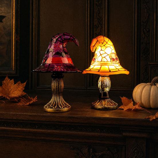 Halloweenový čarodějnický klobouk Stolní lampa, USB vitrážová čarodějnická klobouková lampa, Vintage gotický kouzelnický klobouk Dekorativní noční světlo pro domov, ložnici