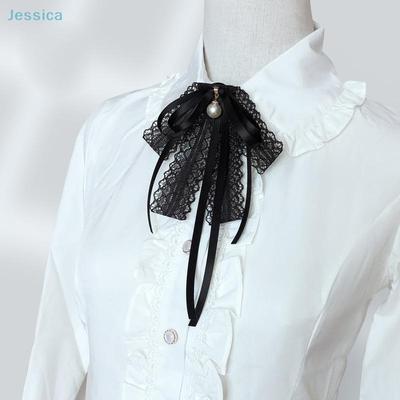 Women's Black Lace Ribbon Bow Pearl Pendant Brooch Necklace Clothes Necktie Decor Accessories