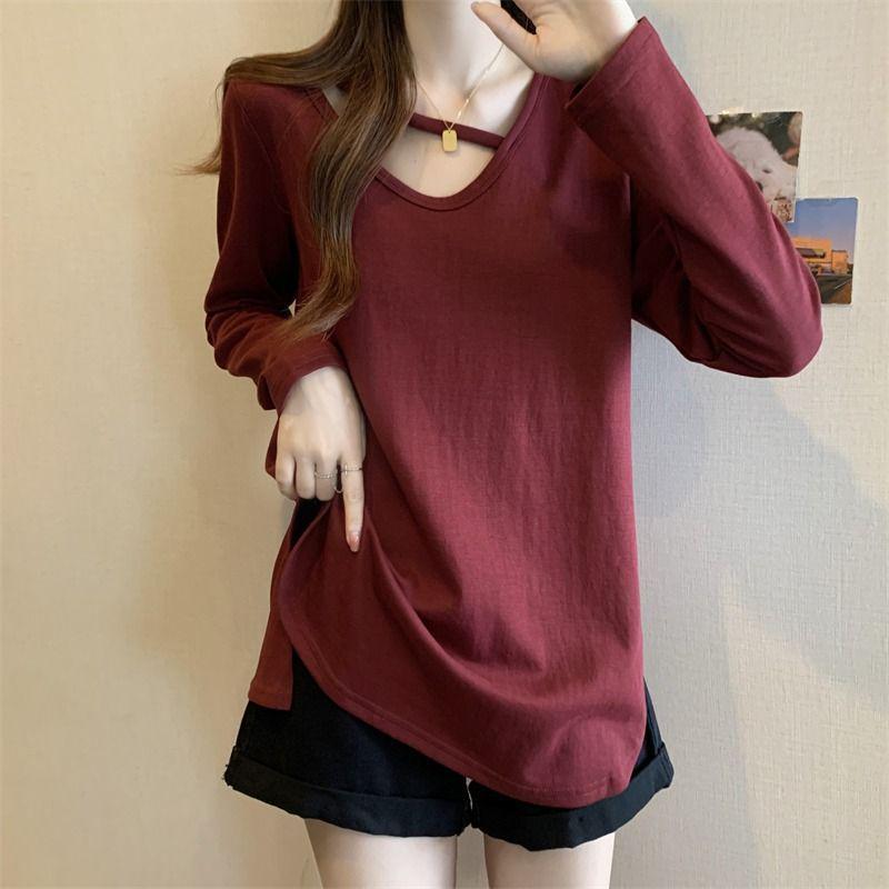 

Autumn Women s Plus Size Hollow Long Sleeve Slimming T-shirt with Slit Design 3XL вино красного