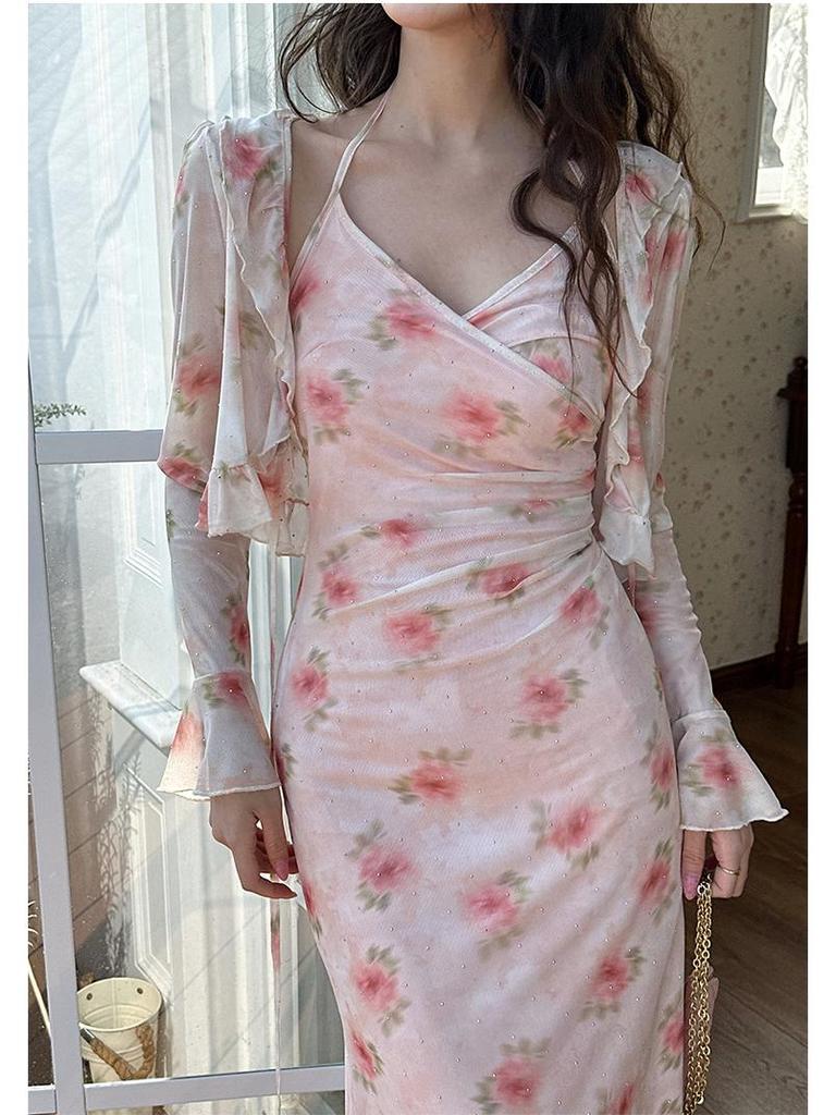 Thirteenth Line French Floral Camellia Spaghetti Strap Dress Set