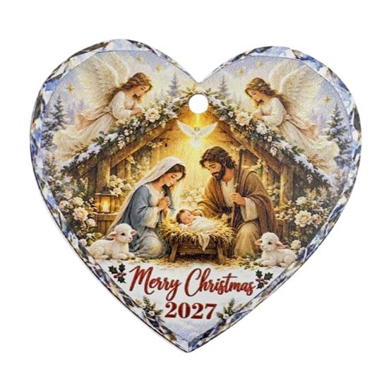 Heart Shaped Nativity Pendants Wooden Hanging Ornament for Christmas Tree Decorations, Retro Religious Vintage Style Holiday Tags Scene Garland