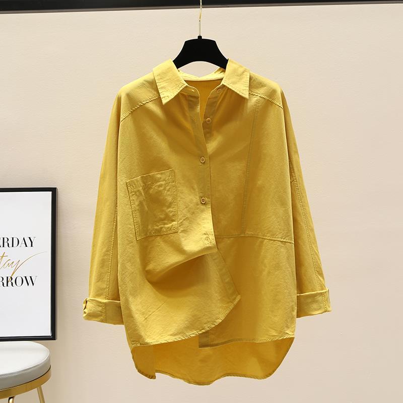 

Women s Clothing Fashion Office Pockets Solid Button Turn-down Collar Asymmetrical Loose Casual Spring Summer Thin Blouses XXXL жовтий