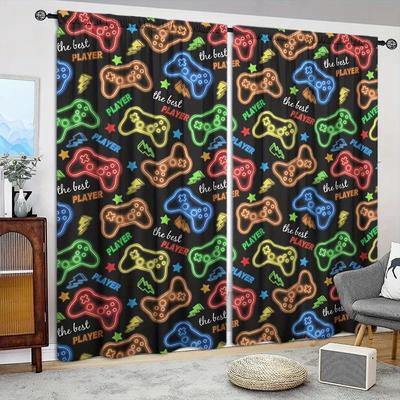 2pcs Neon GamePad Printed Curtain for Home Decor - Rod Pocket Window Treatment for Bedroom, Office,Kitchen,Living Room,and Study