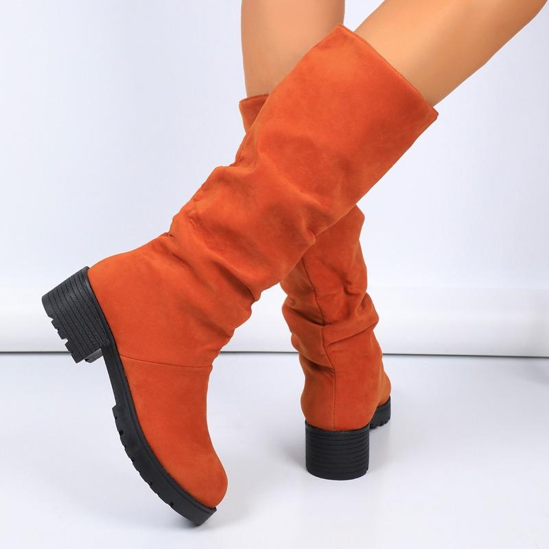 Fashion Women's Fashion Thick Heel Single Boots Winter New Round Head Suede Sleeve Fold Anti-slip Wear-resistant High Boots