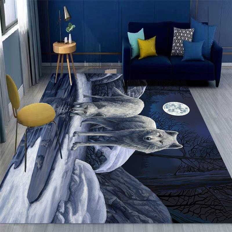 Moonlight Wolf Rug Three Wolves Howling At Full Moon Night Scene Design with Navy Sofa Yellow Chair Modern Home Decor