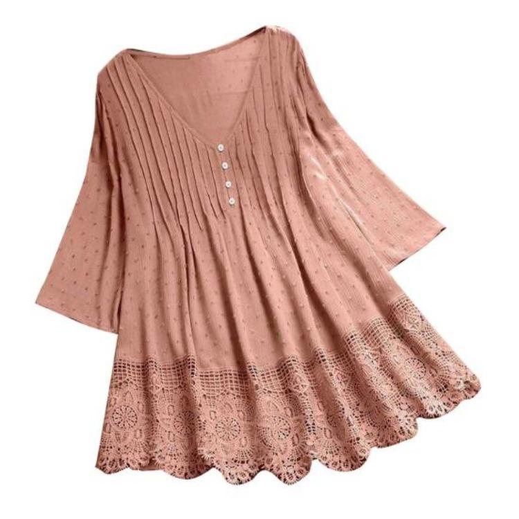 Floral Lace Hem Blouse Women Half Sleeve Hollow Out Stitching Buttons Decor