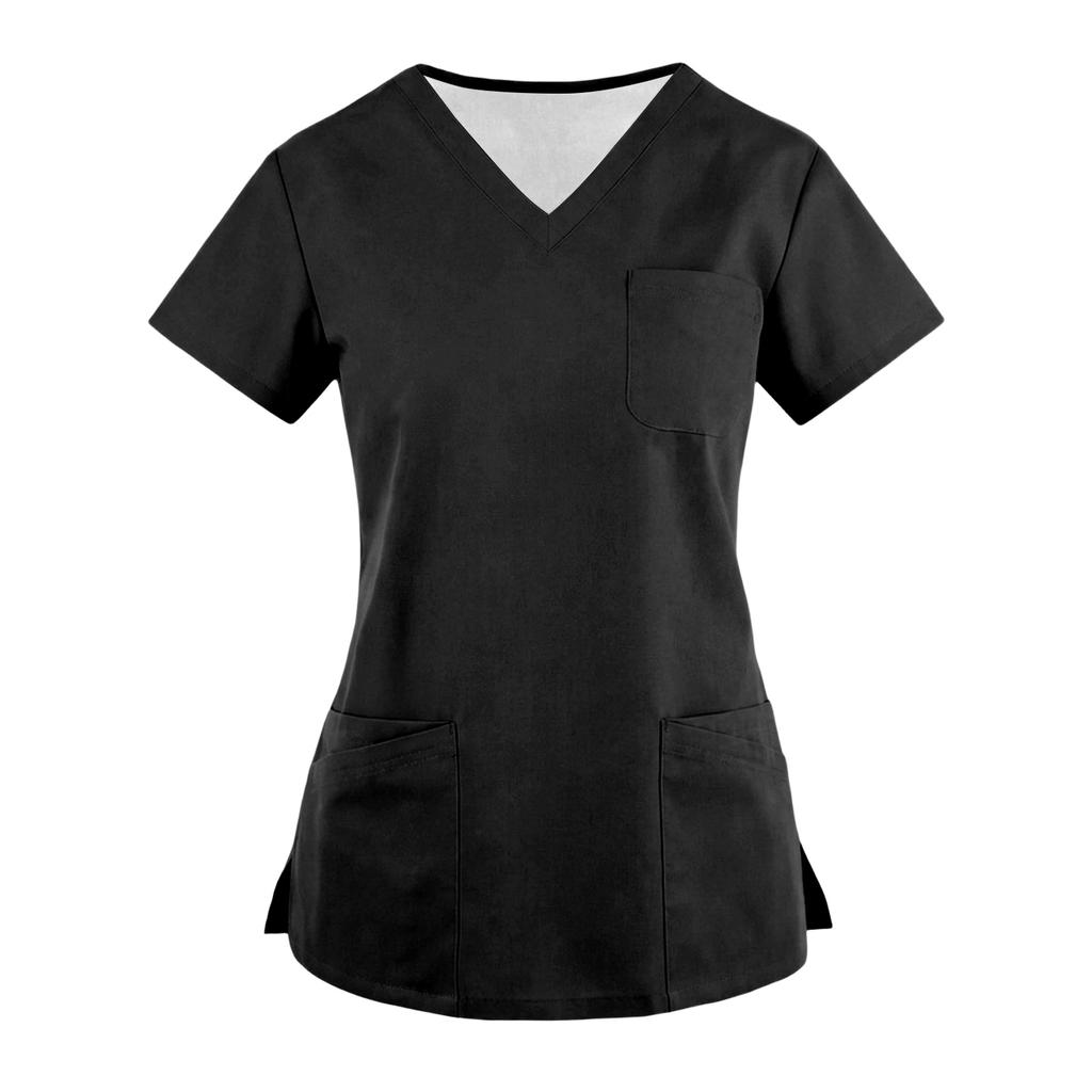 Women's Fashionable Loose-Fit Short-Sleeve V-Neck Pocket Blouse With Slit