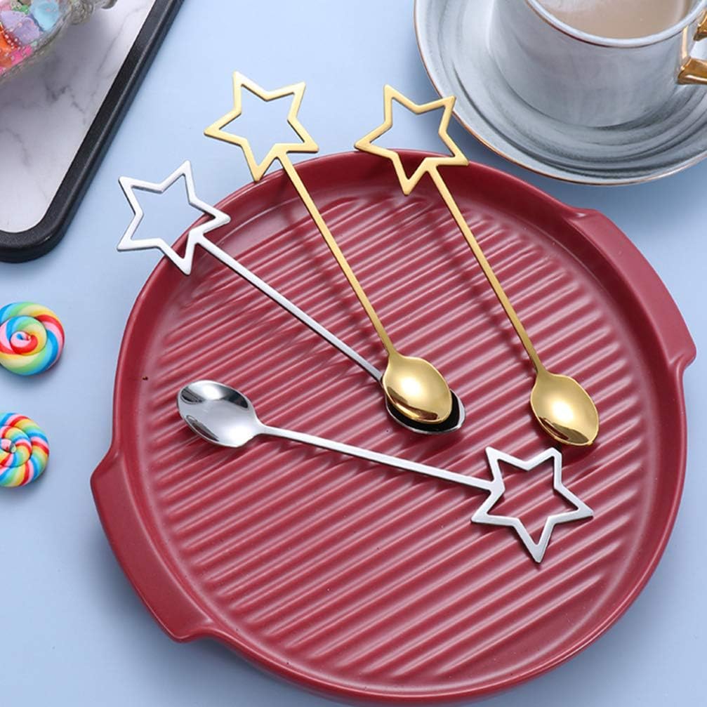 Hemoton Five-Pointed Star Dessert Spoon Set Stainless Steel Gold Coffee Tea Ice Cream Spoons 5.7 Inch Star Handle Flatware for Kitchen Dining