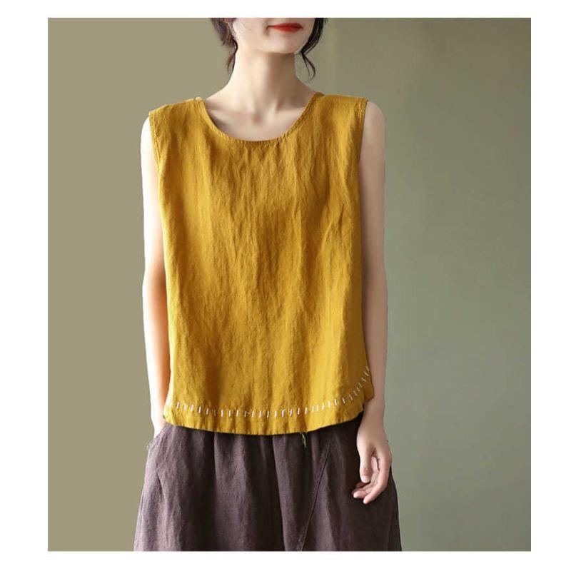 Solid Color Cotton and Linen Embroidered Vest T-shirt Women's Summer Loose Casual Sleeveless Top