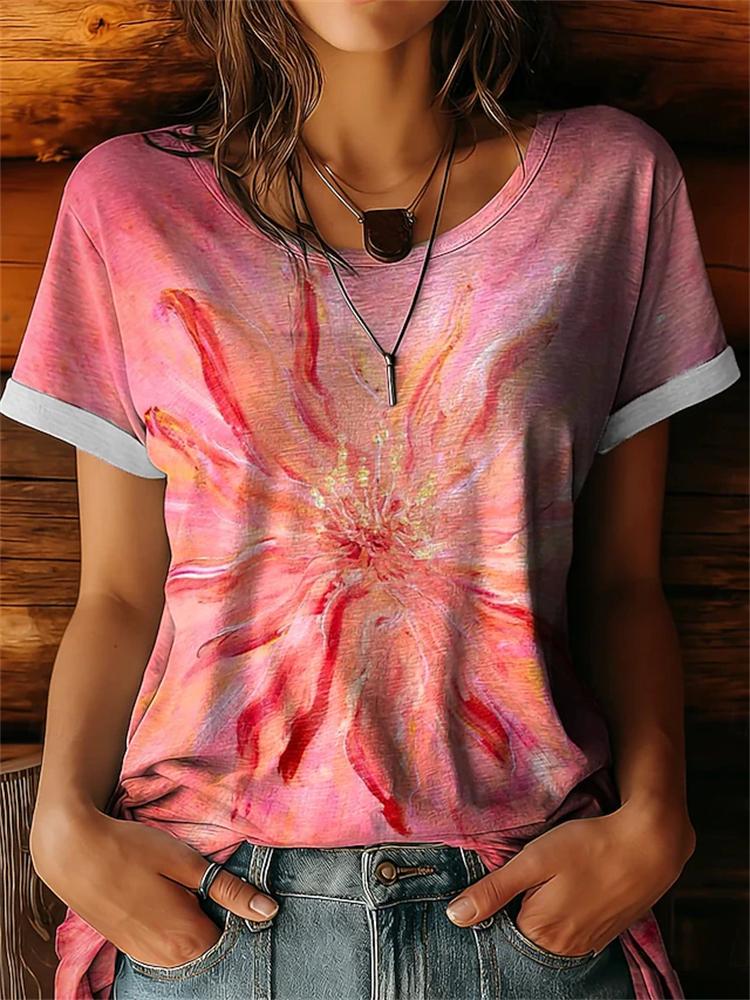 Unisexs Simple Crewneck Shortsleeve Tshirt Elegant Top With Colorful Floral Print Loosefitting Casual Shortsleeve Top