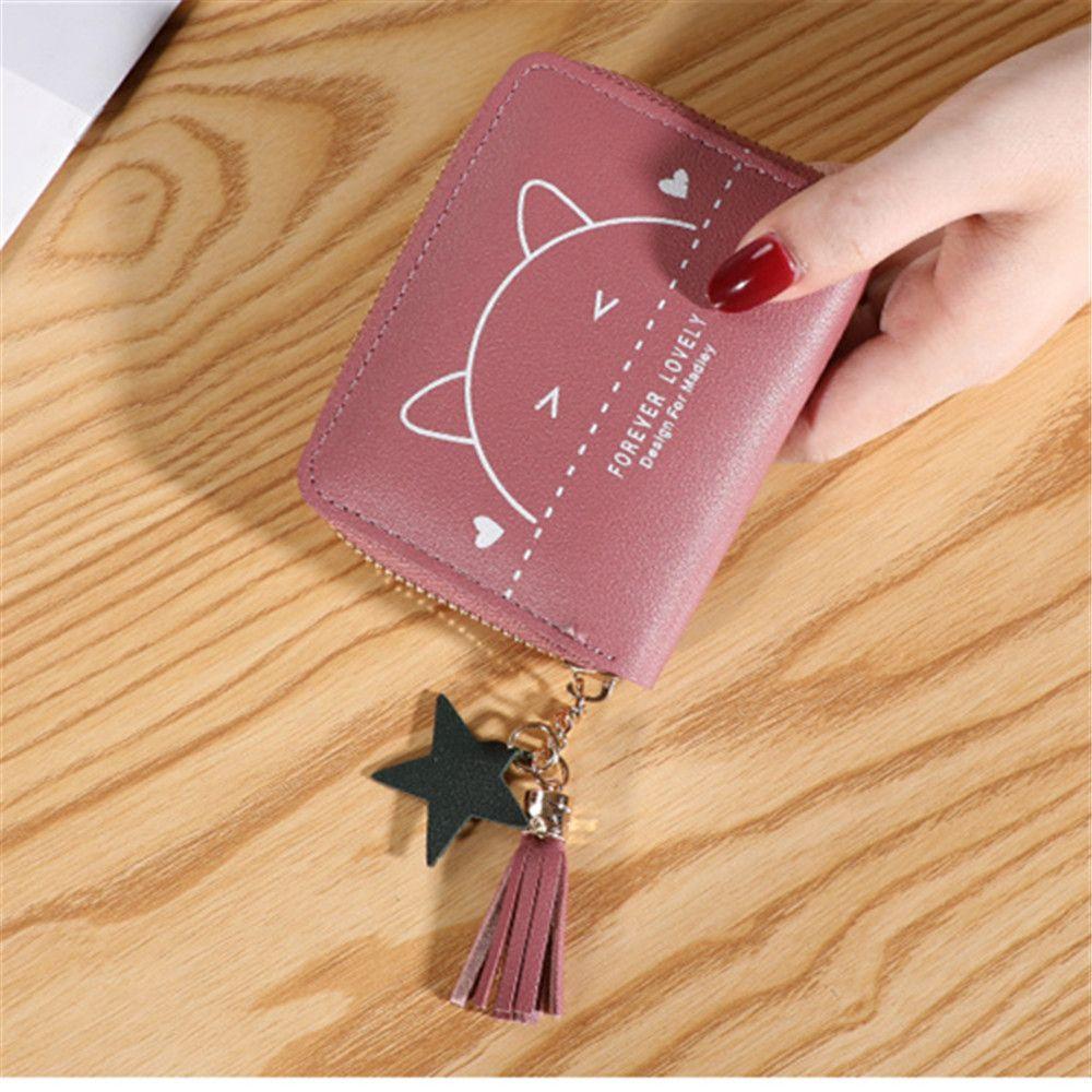 

Korean Tri-folded Women Short Cat Print Tassel PU Leather Mini Wallet