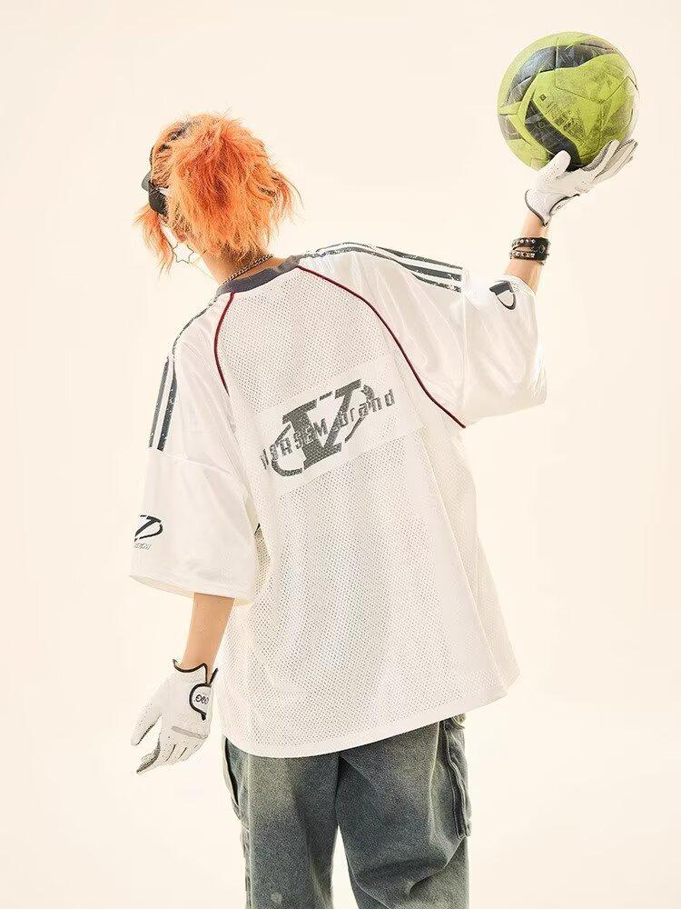 Women's Retro Sport Mesh Rugby T-Shirt: Summer College Style, Loose Fit Short Sleeve