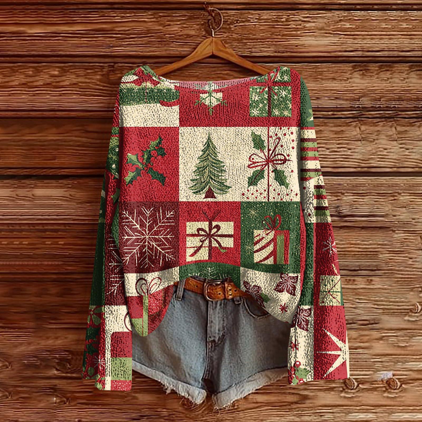 

Женский легкий свитер с рождественским принтом, повседневный вязаный пуловер с длинным рукавом XXL красный