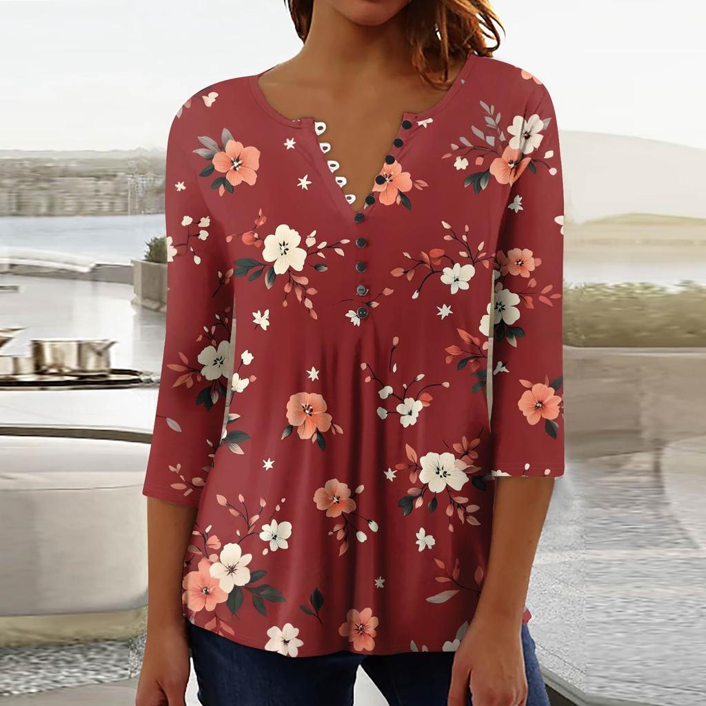 Women's Fashion Casual Pullover T-Shirt 3/4 Sleeve Printed Top