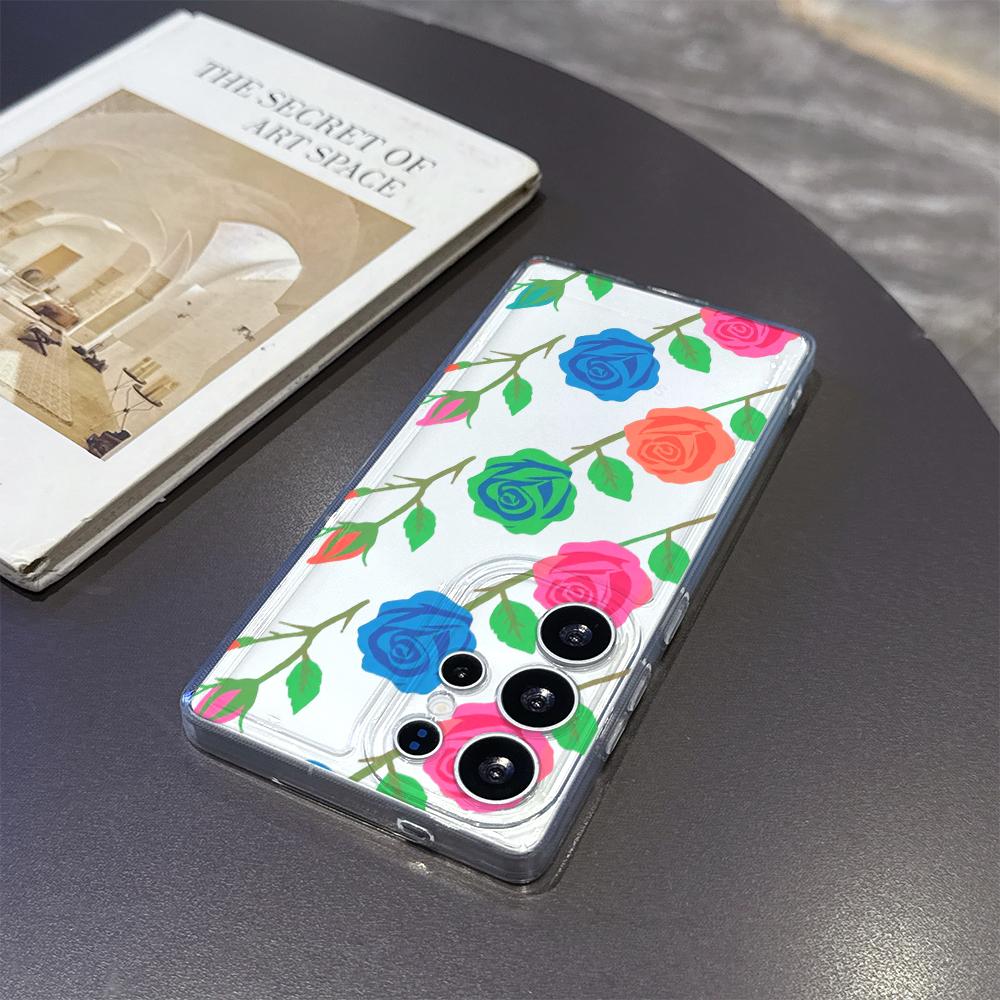 Bold Color Block Rose Pattern Case for Samsung Galaxy S26 S25 S24 S23 S22 S21 S20 FE Plus Soft TPU Slim Fit Shockproof Cover