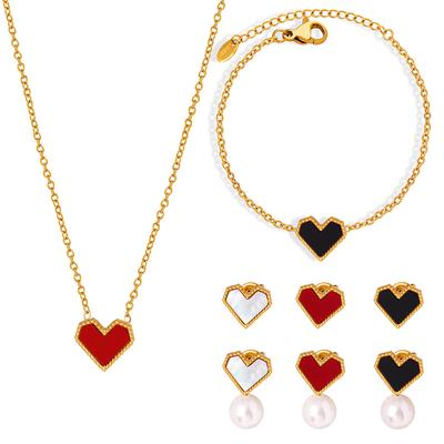French Love Couple Necklace Bracelet Titanium Steel Little Fairy Temperament Peach Heart Glass Bead Earrings Jewelry Set